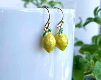Lemon Earrings: Gold Plated Yellow Enamel Miniature Fruit Jewelry