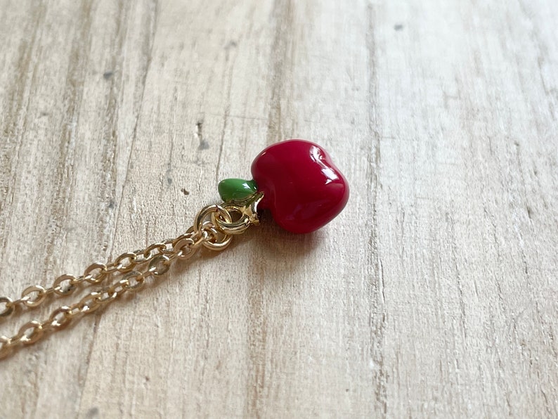 Apple Necklace, Gold Plated, Red, Enamel, Tiny, Cute, Dainty, Miniature, Apple Jewelry, Fruit Necklace, Fruit Jewelry, Food Necklace image 4