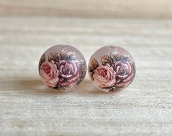 10mm, Japanese Tensha Beads, 2 pcs, Pink Rose, Frosty / Milky Beads, Japanese Beads, Round Beads, Focal, Decal Beads