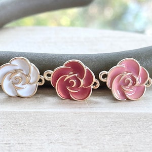 Rose Charm, Rose Connectors, Gold Plated, Pink, Red, White Enamel Flower Connector, Bracelet / Earrings Connectors