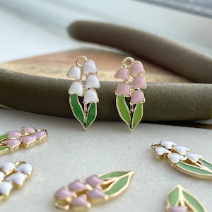 Lily of the Valley Charm: Gold Plated Pink White Enamel Bell Flower Accessory, Jewelry Making