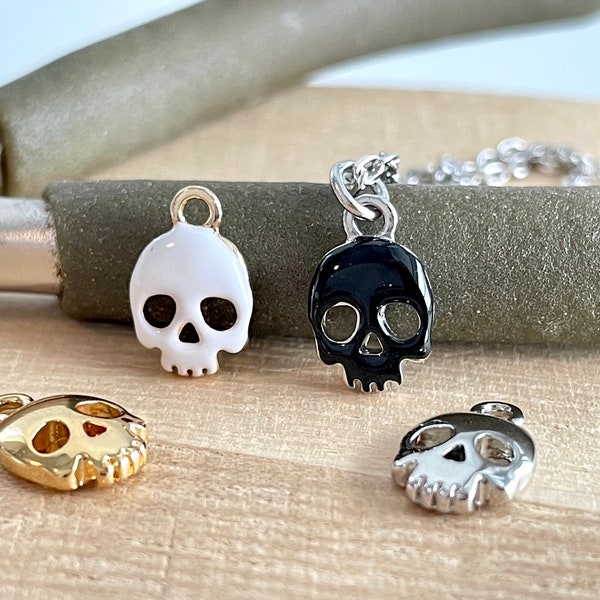 Skull Necklace, Gold Plated, Silver Plated, Tiny, Black, White, Enamel Skull Necklace, Halloween, Skull Jewelry