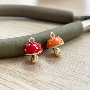 Mushroom Charm, Tiny, Gold Plated, Red / Orange Enamel, Clip On / Phone / Keychain Charm, Alice Jewelry, Cute Food Miniature, Gift for Her