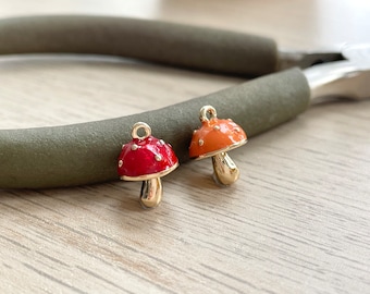 Mushroom Charm, Tiny, Gold Plated, Red / Orange Enamel, Clip On / Phone / Keychain Charm, Alice Jewelry, Cute Food Miniature, Gift for Her