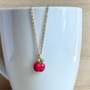 Apple Necklace, Gold Plated, Red, Enamel, Tiny, Cute, Dainty, Miniature, Apple Jewelry, Fruit Necklace, Fruit Jewelry, Food Necklace image 2