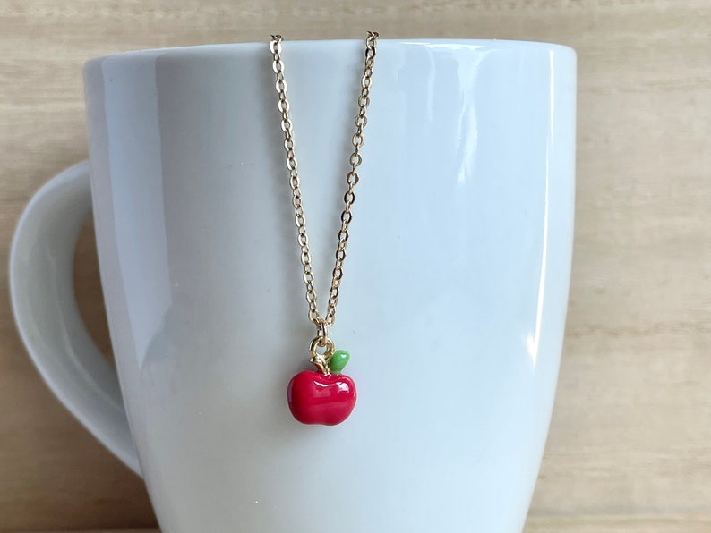 Apple Necklace, Gold Plated, Red, Enamel, Tiny, Cute, Dainty, Miniature, Apple Jewelry, Fruit Necklace, Fruit Jewelry, Food Necklace image 2