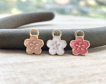 Tiny Cherry Blossom Charm: Gold Plated Pink White Enamel Flower Accessory, Jewelry Making