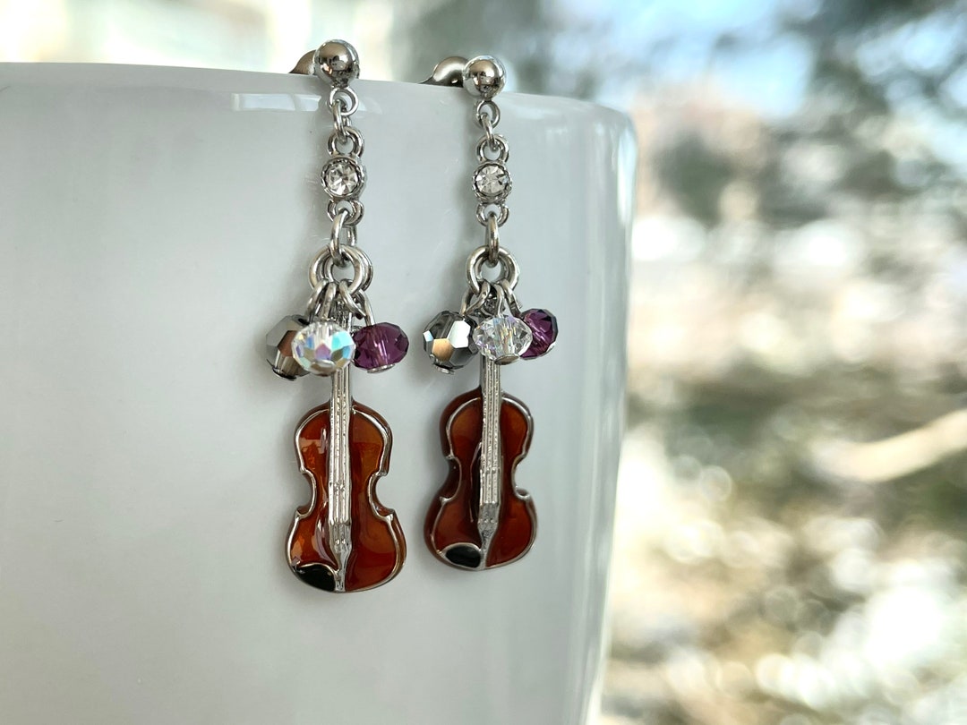 Violin Earrings Gold / Silver Plated Brown Enamel Tiny Etsy