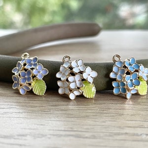 Hydrangea Flower Charm, Clip On / Phone Strap / Keychain Accessories, Gold Plated Blue / Purple / White Enamel, Bouquet, DIY, Gift for Her