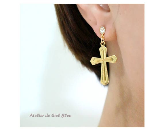 Cross Earrings With Swarovski Crystal, Gold Plated, Dainty Jewelry