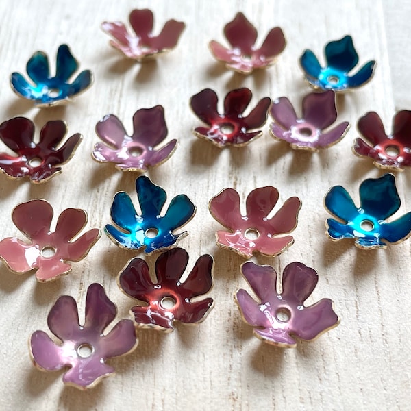 Enamel Flower Layer, 2 pcs, 11 x 12mm, Blue / Peach / Purple / Red, Metal Beads Cap, Embellishment, Brass Flower Layers, Cabochon