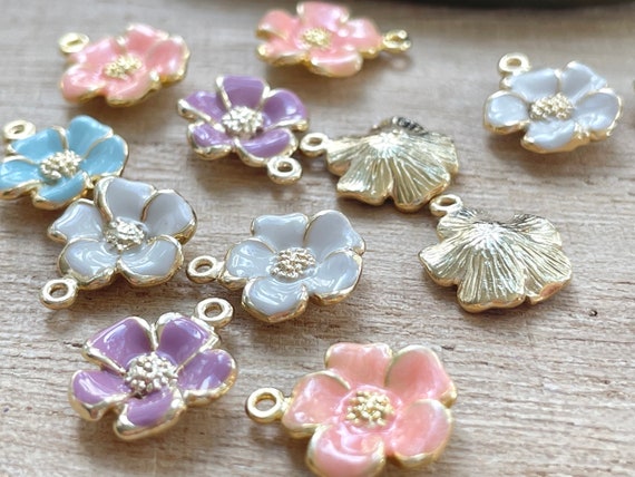 Enamel Orchid Flower Charm, Gold Plated Floral Accessory (11mm