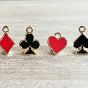 Poker Cards Charms, Tiny, Gold Plated Enamel,  Ace of Spade Heart Club Diamond, Clip On / Keychain / Phone Charm, Alice Jewelry