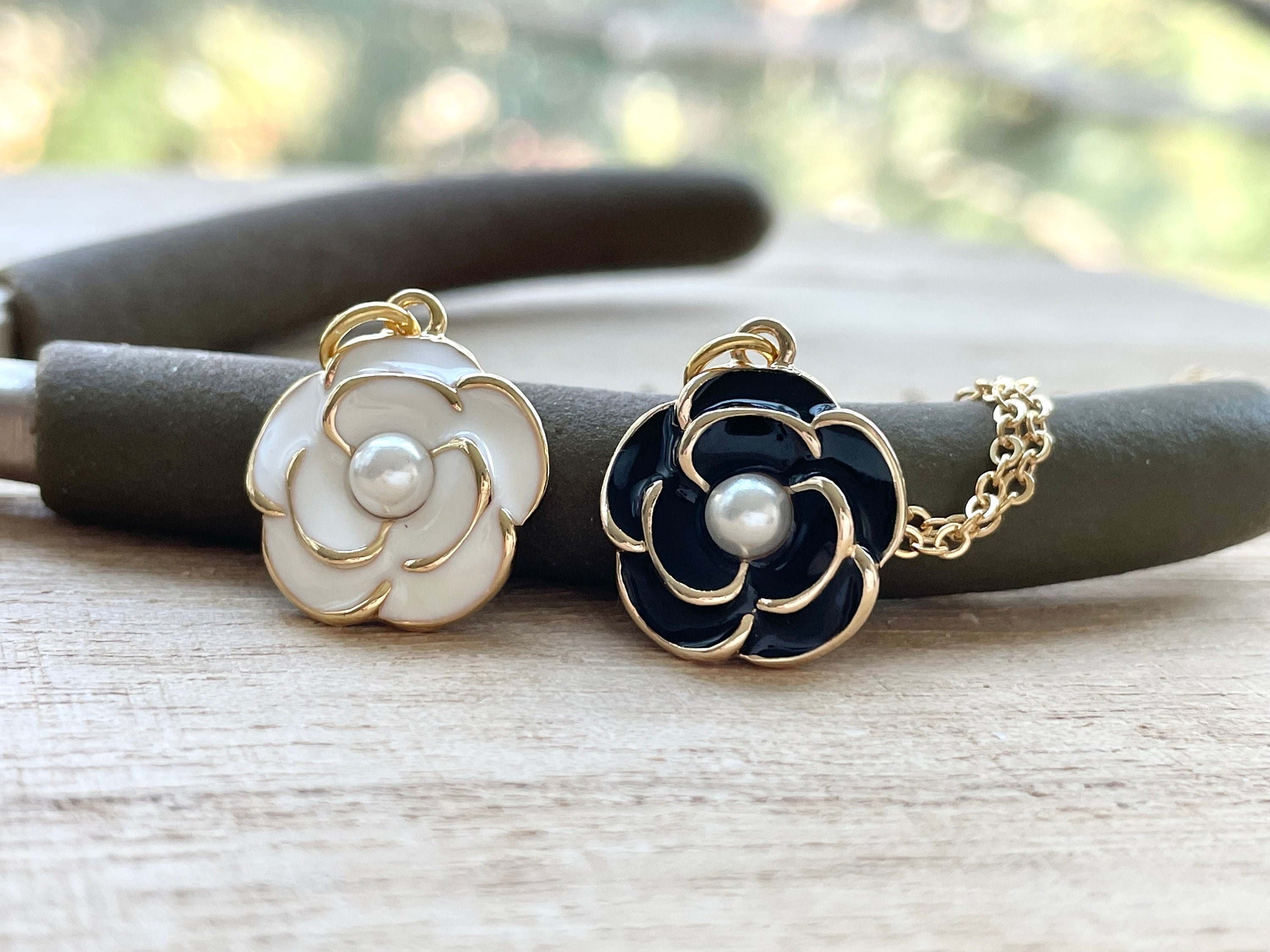 Camellia Necklace, 11mm / 15mm, White / Black Enamel, Camellia Flower Pendant Necklace, Resin Pearl, Dainty, Floral, Camellia Jewelry