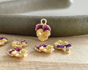 TINY Pansy Charms, Clip On / Phone / Keychain Charm, Gold Plated, Purple & Yellow Enamel, Cute Viola Accessories, DIY Jewelry Making, Gift