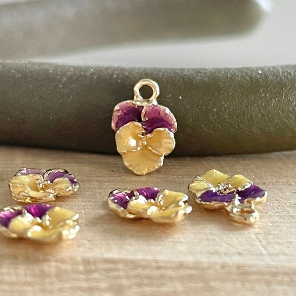 TINY Pansy Charms, Clip On / Phone / Keychain Charm, Gold Plated, Purple & Yellow Enamel, Cute Viola Accessories, DIY Jewelry Making, Gift