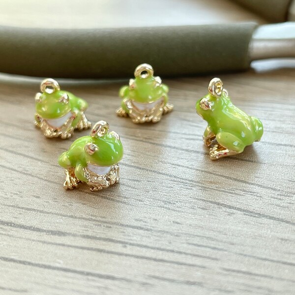 Frog Charm, Tiny, Gold Plated, Green Enamel, Clip On Charm, Keychain Charm, Cute Animal Miniature, Pond Jewelry Accessories