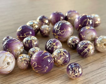 8mm / 10mm / 12mm / 14mm Japanese Arabesque Beads (2 pcs), Gold Line Purple Arabesque, Acrylic, Japanese Beads, Tensha Beads, Focal, Decal
