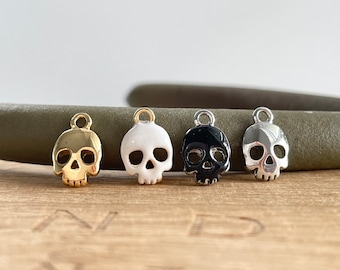 Tiny Skull Charm: Gold / Silver Plated Black White Enamel Evil Jewelry, Keychain Phone Accessory