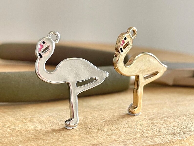 Flamingo Charm, Clip On / Phone / Keychain Charm, Gold / Silver Plated, Cute Bird Pendant, DIY Jewelry Making, Gift image 2