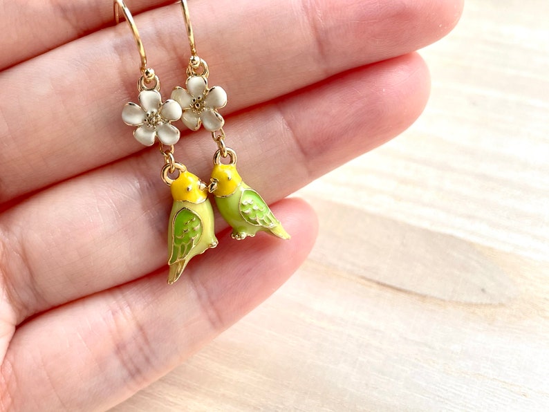 Choose Your Own Flower Tiny Enamel Flower Budgie Earrings Tiny Gold Plated Green /& Yellow Enamel Budgies Bird Jewelry Bird Earrings