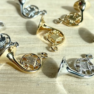 French Horn Charm: Tiny, Gold / Silver Plated Miniature Musical Instrument Accessory, Phone Keychain Purse