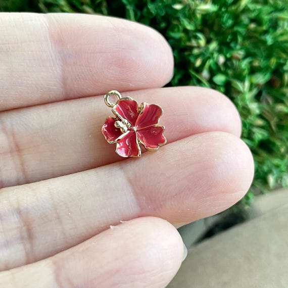 Hibiscus Charm/connector: Tiny Gold Plated Red Enamel Flower