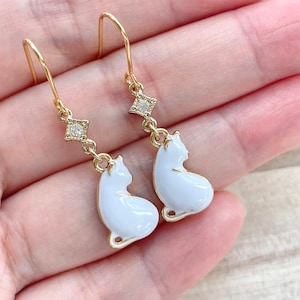 Cat Earrings, Gold Plated, White Enamel,  White Cat Earrings, Dainty, Cute, Kawaii, Dangle, Cat Jewelry, Gift for Cat Lovers