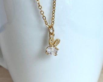 Bunny Necklace, Cubic Zirconia, Rabbit Head, Gold Plated, Gold Plated, Cute, Kawaii, Dainty, Bunny Jewellery