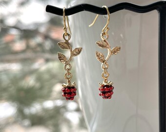 Red Enamel Raspberry Earrings: Gold Plated Fruit Jewelry
