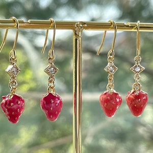 Tiny Strawberry Earrings: Gold Plated Red Enamel Miniature Fruit Jewelry