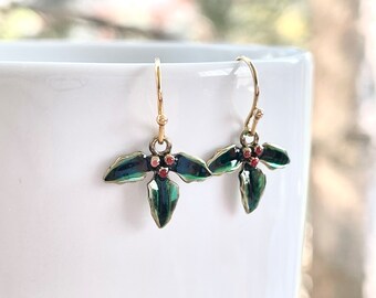 Holly Earrings: Antique Gold Green Enamel Christmas Jewelry