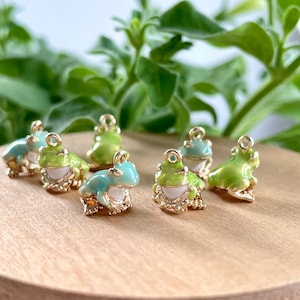 Frog Charm, Tiny, Gold Plated with Blue / Green Enamel, Clip On / Keychain / Phone Strap, Cute Animal Accessories, DIY Jewelry Making