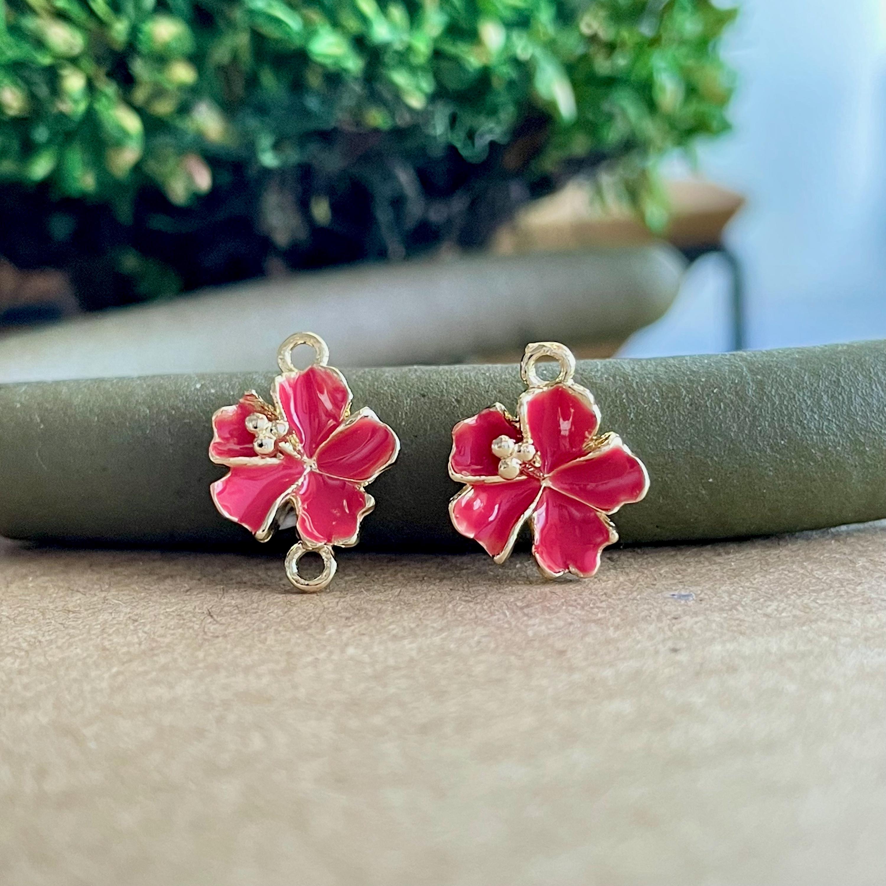 Hibiscus Charm/connector: Tiny Gold Plated Red Enamel Flower