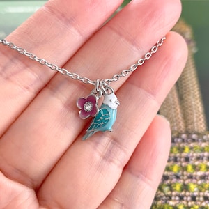 Dainty Silver Budgie Necklace: Blue Enamel Parakeet Jewelry