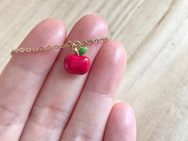 Apple Necklace, Gold Plated, Red, Enamel, Tiny, Cute, Dainty, Miniature, Apple Jewelry, Fruit Necklace, Fruit Jewelry, Food Necklace image 3