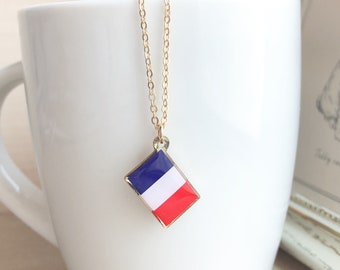 Gold Plated French Flag Charm Necklace, Flag of France Jewelry, Gift for Friends