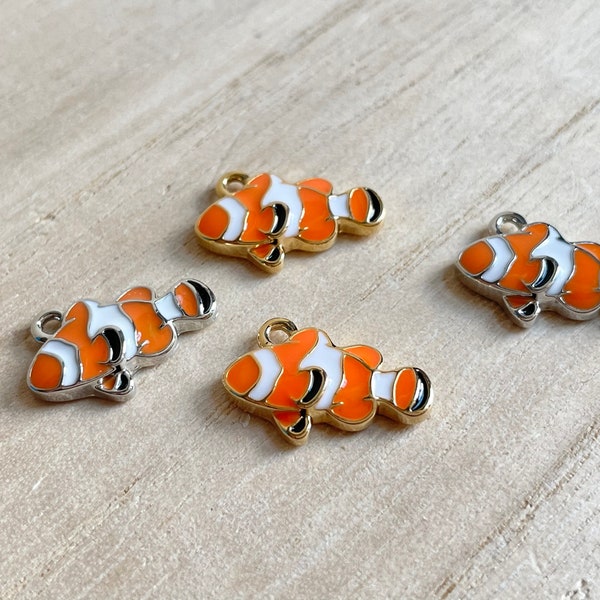 Clown Fish Charm, Tiny, Enamel Nemo Fish Pendant, Clip On / Keychain / Phone Charm, Sea Creature Miniature Accessories, DIY Jewelry Making