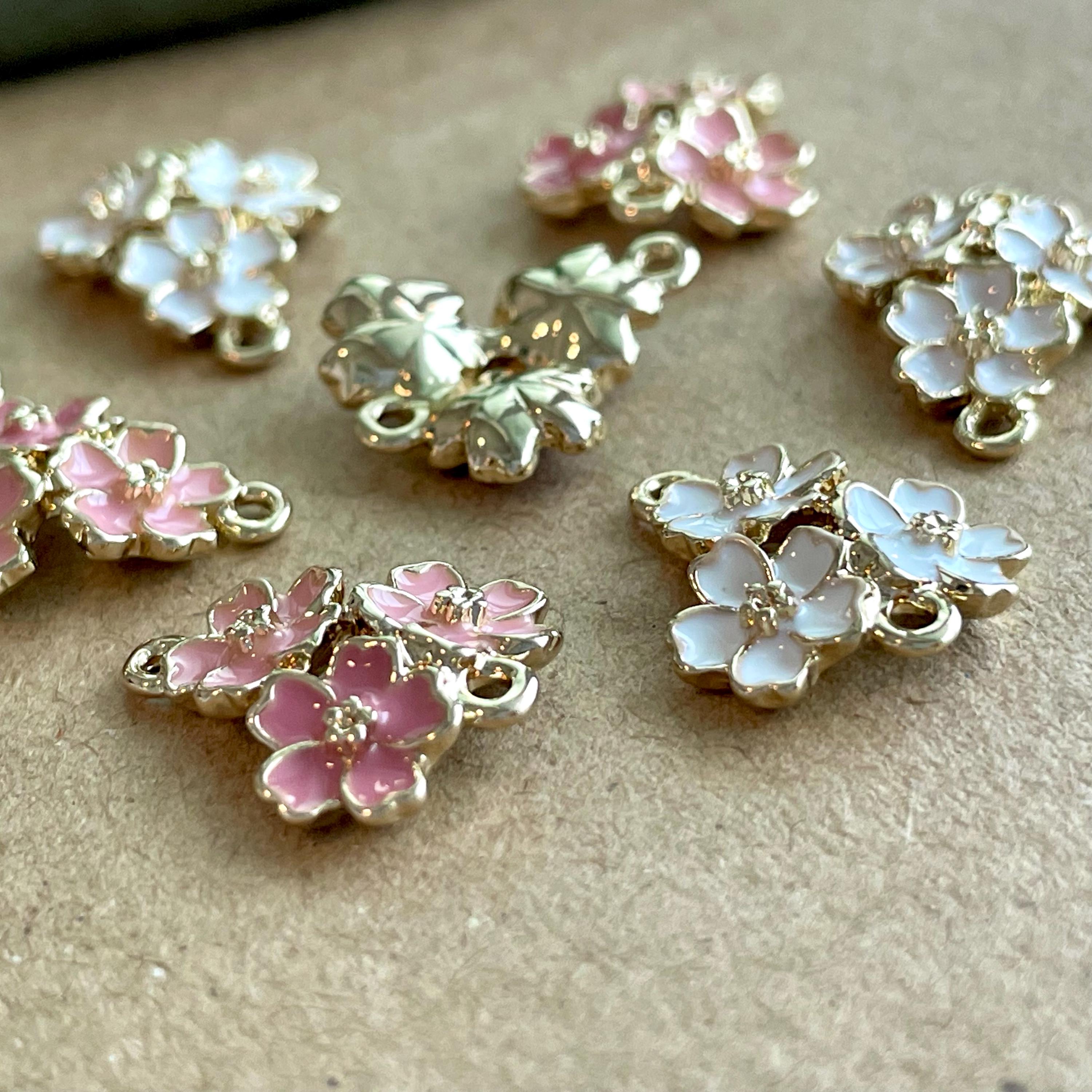 Gold Plated Cherry Blossom Connector Charm: Pink & White Enamel