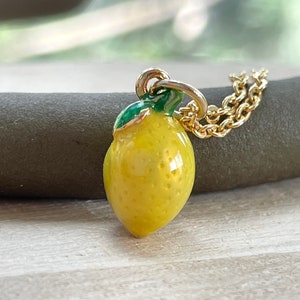 Lemon Necklace, Tiny, Gold Plated Yellow Enamel, Cute Fruit Miniature Jewelry, Gift for Her