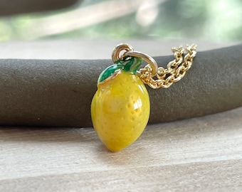 Lemon Necklace, Gold Plated, Yellow Enamel, Dainty, Cute, Fruit, Food, Miniature, Lemon Jewelry, Gift for Her