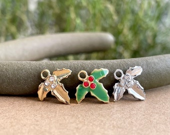 Tiny Enamel Holly Leaf with Crystal Berries Charm: Zipper Pull, Keychain, Phone Accessory