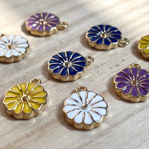 Chrysanthemum Charm, Gold Plated, Blue / Purple / White / Yellow Enamel, Clip On / Keychain / Phone Strap, November Birth Flower, DIY