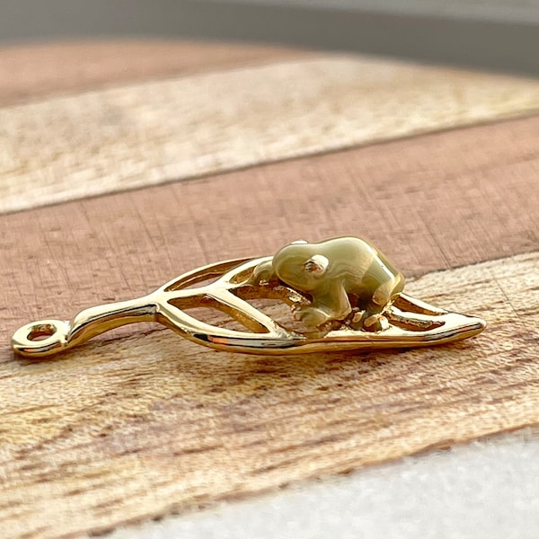 Frog Charm, Tiny, Gold Plated, Green Enamel, Clip On / Phone / Keychain Charm, Cute Animal Miniature, Gift for Frog Lovers