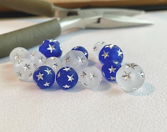 Carved Silver Star Acrylic Beads (2 pcs), 8/10mm, Blue, White, Jewelry Supplies