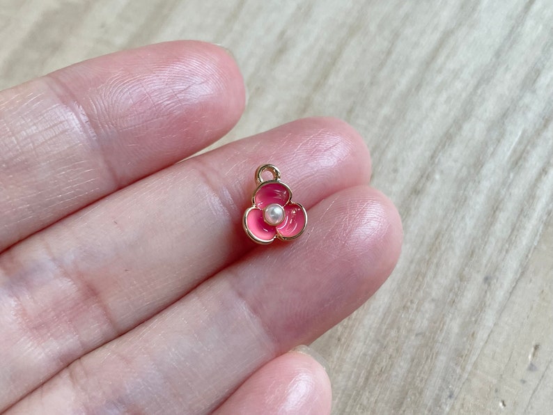 Tiny Flower Charm, Gold Plated, Enamel, Black, Blue, Navy, Pink, Purple, Yellow, White,Flower, 3 Petal Flower, Pearl Flower, Flower Jewelry Gold Plated-DarkPink