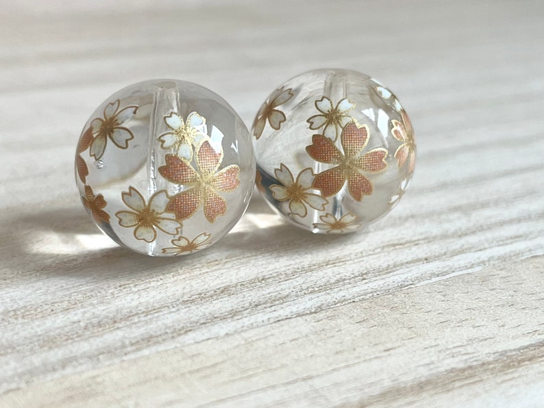 Japanese Beads Cherry Blossom Round Beads Clear Transparent Beads 12 14 16 18mm Japanese Tensha Beads Focal 2 pcs Decal Beads