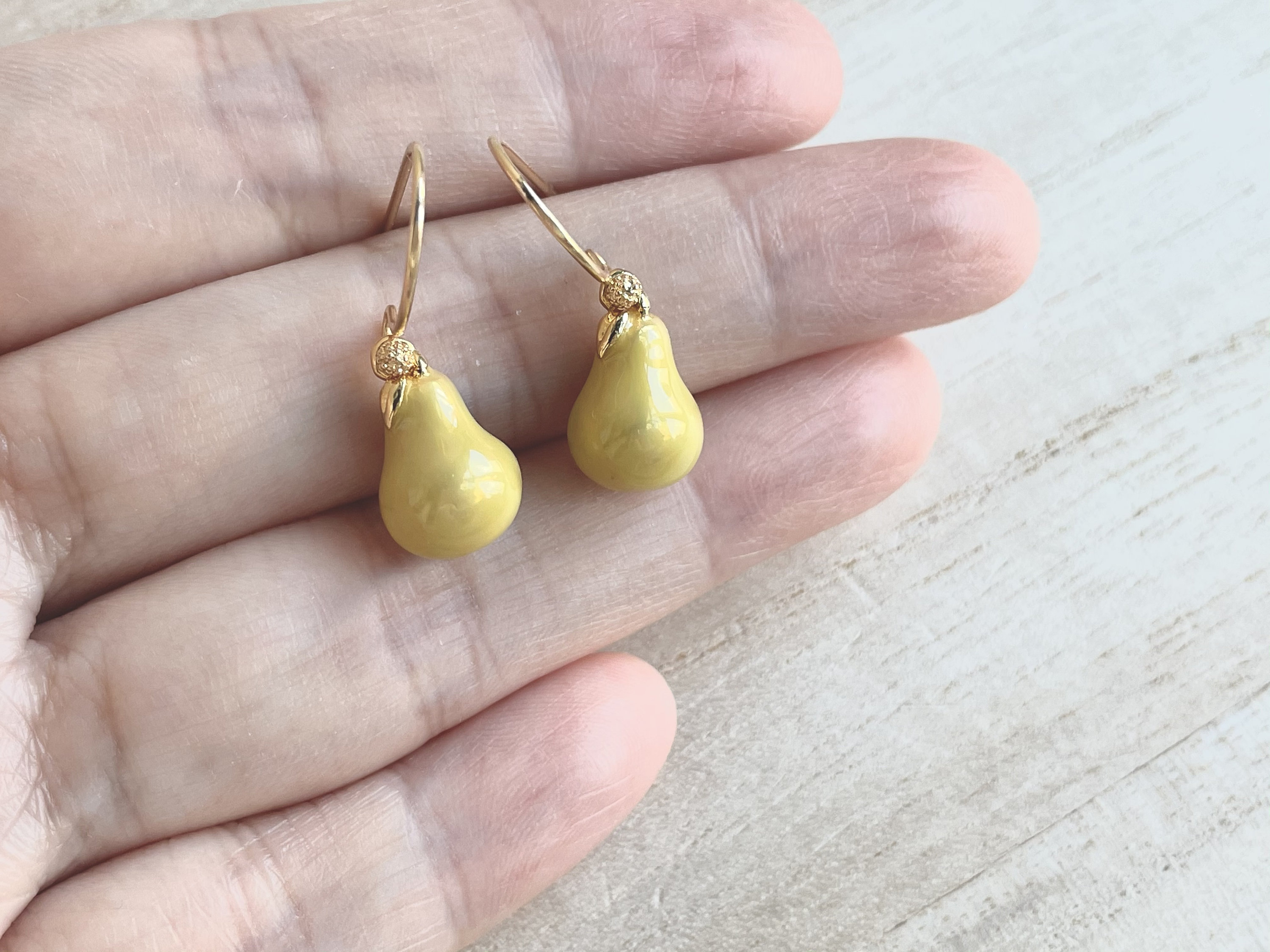 Pear Earrings Gold Plated Green Enamel Pear Hook Earrings Etsy