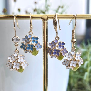 Hydrangea Flower Earrings, Gold Plated, Blue / Purple / White Enamel, Hortensia, Bouquet, French Hydrangea Jewelry, Gift for Her