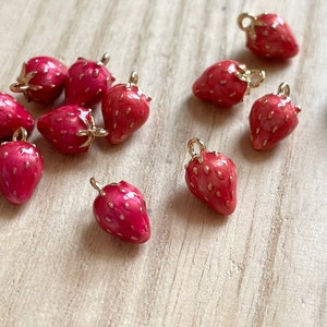 Strawberry Charm, Tiny, Gold Plated, Rose Red / Pale Red Enamel, Dainty Fruit Miniatures, Clip On Charm, Zipper Charm, Strawberry Jewelry